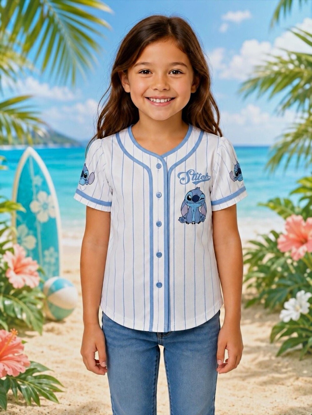 Disney Stitch Girls L White/Blue Striped Button-Up Jersey Mesh Breathable Top